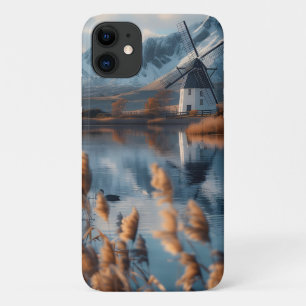Windmill on a lake with mountains landscape iPhone 11 case