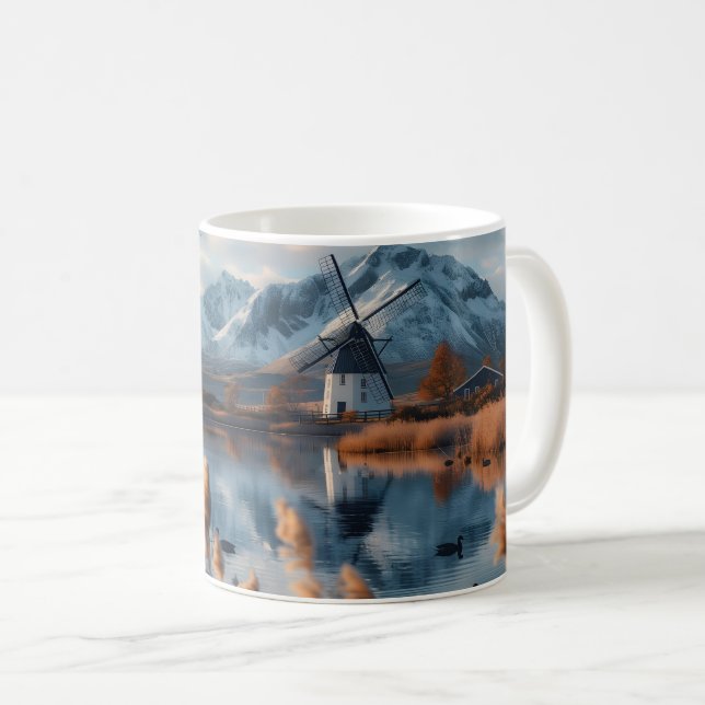 Windmill on a lake with mountains landscape coffee mug (Front Right)