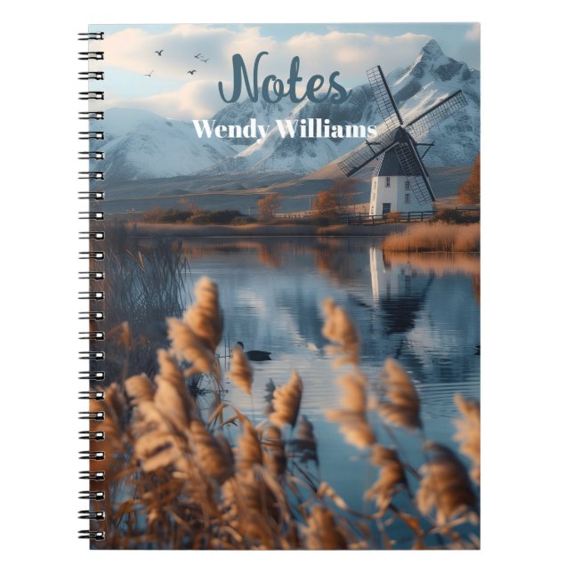 Windmill on a lake with mountains landscape notebook (Front)