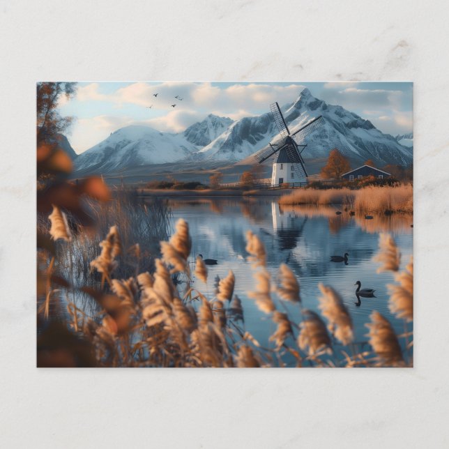 Windmill on a lake with mountains landscape postcard (Front)