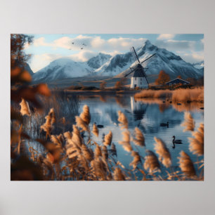 Windmill on a lake with mountains landscape poster