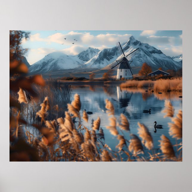 Windmill on a lake with mountains landscape poster (Front)