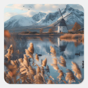 Windmill on a lake with mountains landscape square sticker