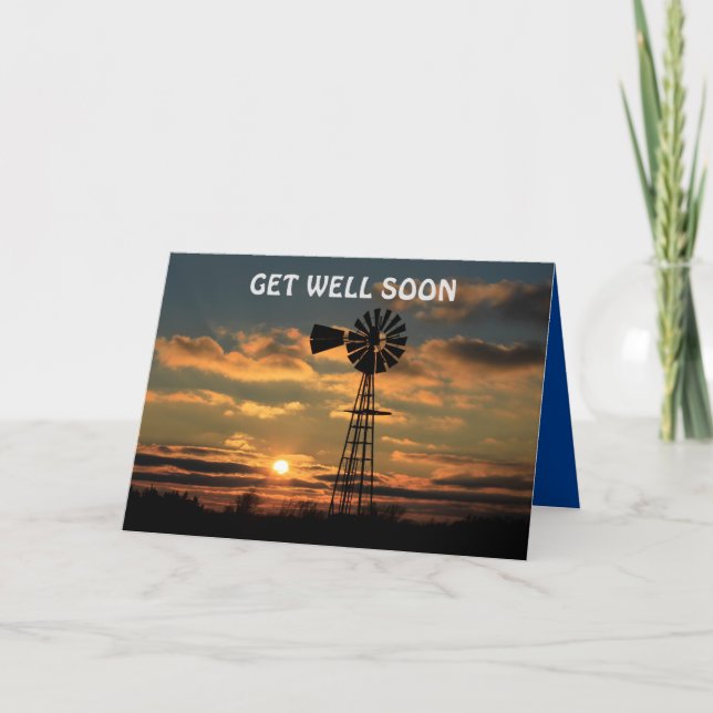 Windmill Sunset with clouds Get Well card (Front)