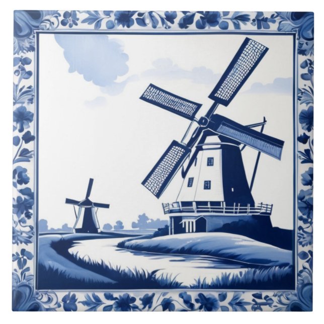 Windmill Traditional Dutch Delft Blue and White Ceramic Tile (Front)