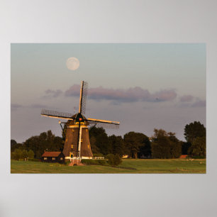 Windmill under a full moon horizontal poster