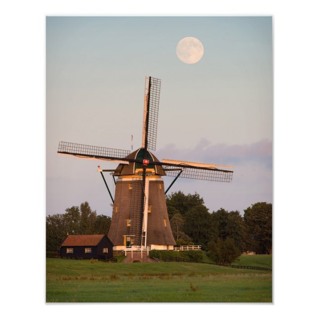Windmill under a full moon photo print (Front)
