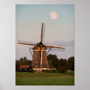 Windmill under a full moon poster