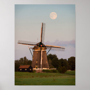 Windmill under a full moon poster