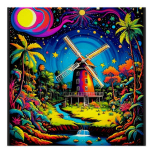 Windmill under starry sky 3 poster