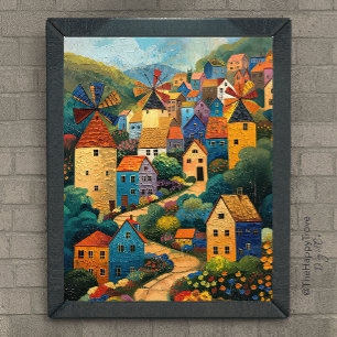 Windmill Village Folk Art Oil Painting Poster