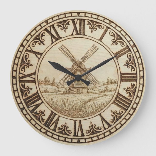 Windmill Wall Clock – Rustic Wood-Burned Style (Front)