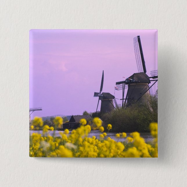 Windmills along the canal in Kinderdijk, 15 Cm Square Badge (Front)