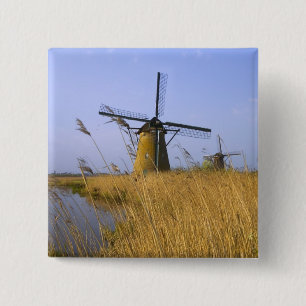 Windmills along the canal in Kinderdijk, 2 15 Cm Square Badge
