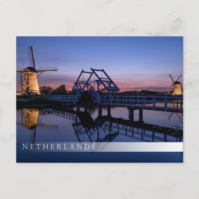 Windmills and a drawbridge at sunset bar postcard (Front)