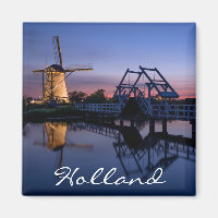 Windmills and a drawbridge at sunset text magnet