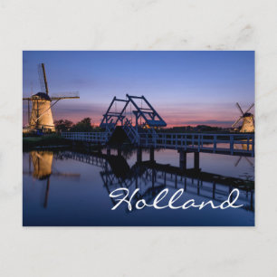 Windmills and a drawbridge at sunset text postcard