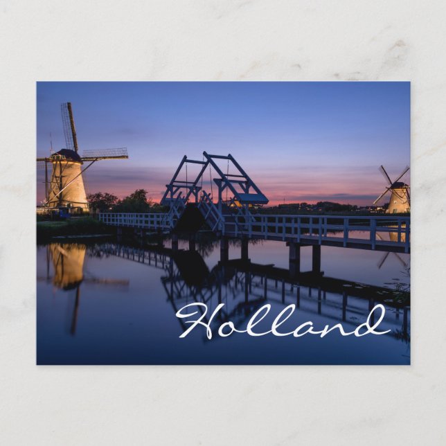 Windmills and a drawbridge at sunset text postcard (Front)