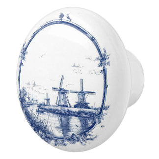 Windmills and Birds Blue and White Ceramic Knob