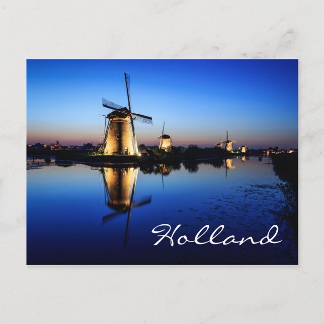 Windmills at Blue Hour in Holland text postcard (Front)
