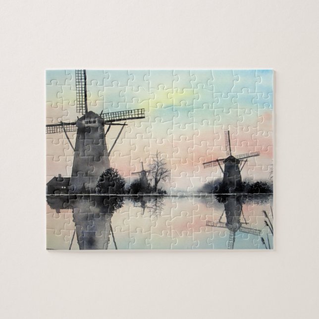 Windmills at Dawn Kinderdijk Holland Painting Jigsaw Puzzle (Horizontal)