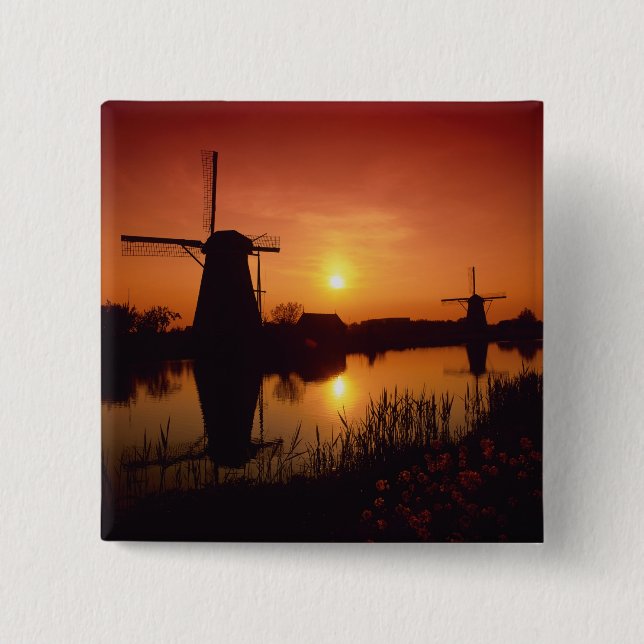 Windmills at sunset, Kinderdijk, Netherlands 15 Cm Square Badge (Front)