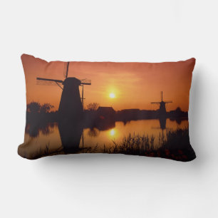 Windmills at sunset, Kinderdijk, Netherlands Lumbar Cushion