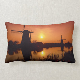 Windmills at sunset, Kinderdijk, Netherlands Lumbar Cushion