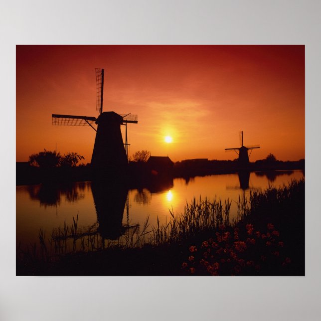 Windmills at sunset, Kinderdijk, Netherlands Poster (Front)