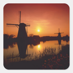 Windmills at sunset, Kinderdijk, Netherlands Square Sticker
