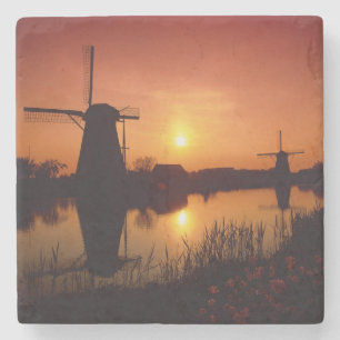 Windmills at sunset, Kinderdijk, Netherlands Stone Coaster