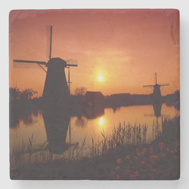 Windmills at sunset, Kinderdijk, Netherlands Stone Coaster (Front)