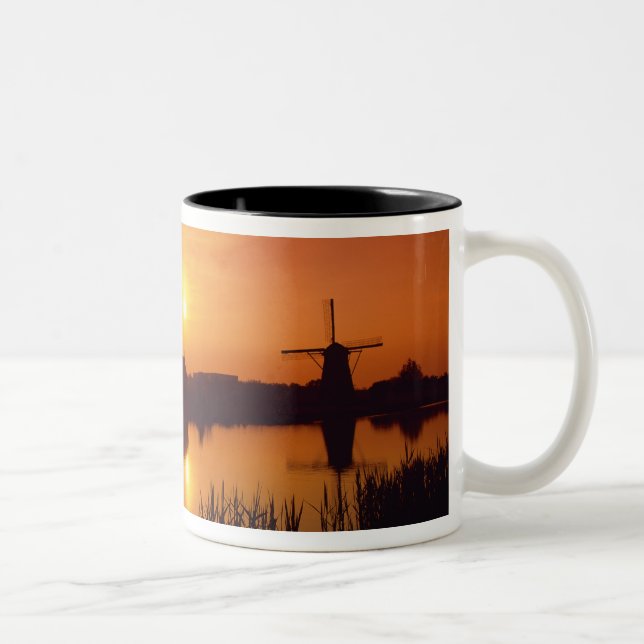 Windmills at sunset, Kinderdijk, Netherlands Two-Tone Coffee Mug (Right)