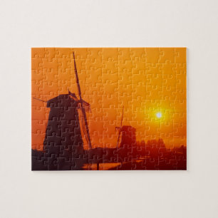 Windmills at sunset, Schermerhorn, Netherlands Jigsaw Puzzle