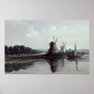 Windmills by a River, 19th century Poster
