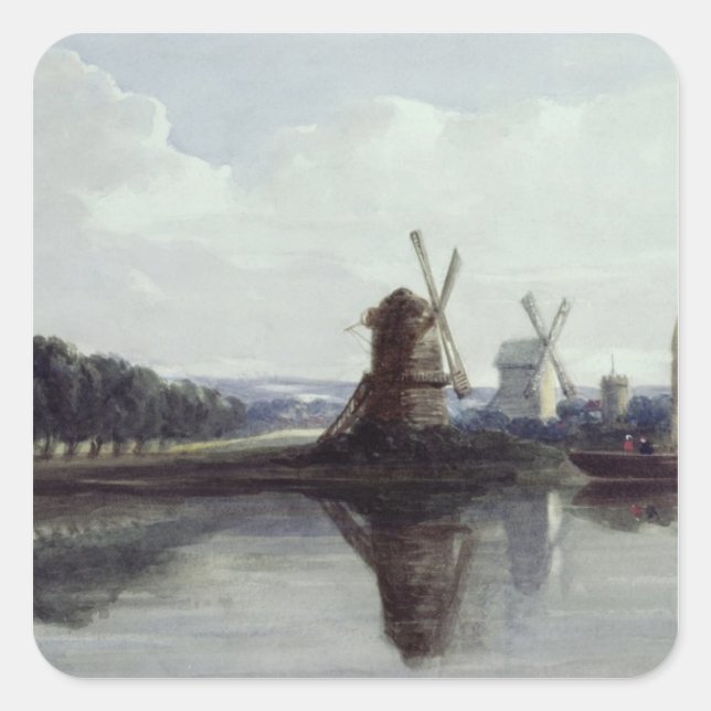 Windmills by a River, 19th century Square Sticker (Front)