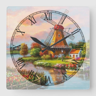 Windmills Fine Art Roman Numeral Square Wall Clock