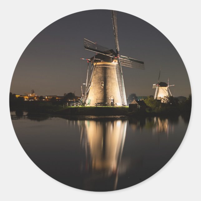 Windmills illuminated at night round sticker (Front)