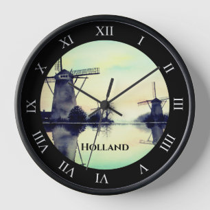 Windmills in Kinderdijk - Watercolor Painting Clock