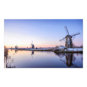 Windmills in winter during a sunrise print