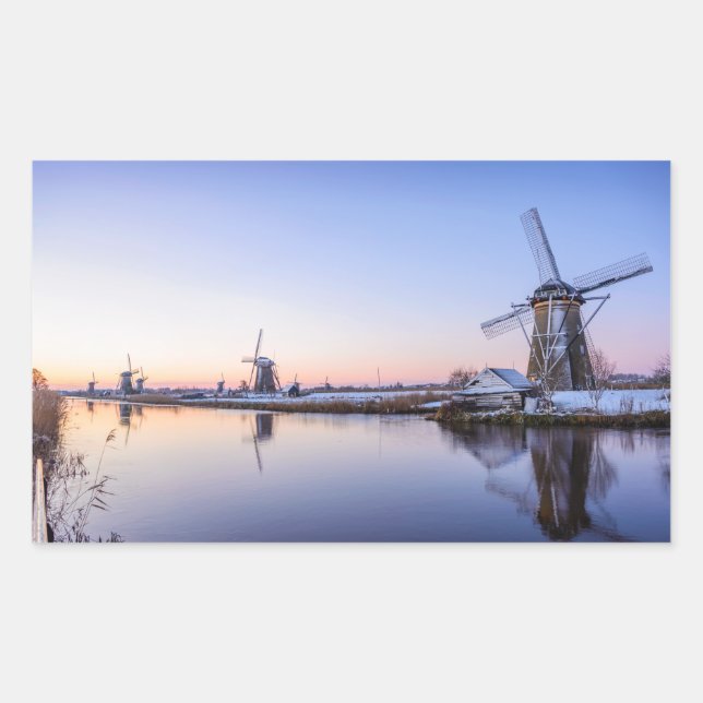 Windmills in winter in Holland rectangular sticker (Front)