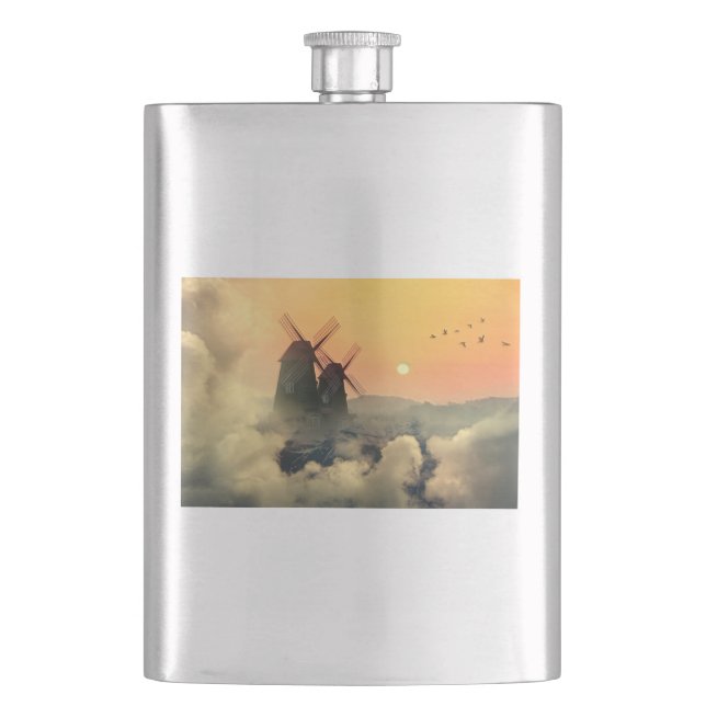 Windmills Mountains and Clouds Hip Flask (Front)