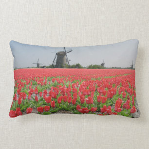 Windmills Red Tulips Field Lumbar Cushion