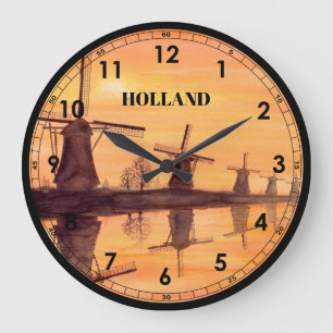 Windmills Sunset Kinderdijk - Watercolor Painting Large Clock