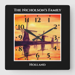 Windmills Sunset Kinderdijk - Watercolor Painting Square Wall Clock
