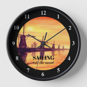 Windmills Sunset - Watercolor Painting Clock