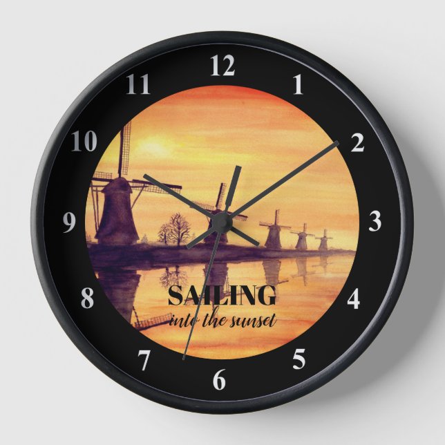 Windmills Sunset - Watercolor Painting Clock (Front)