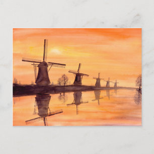 Windmills Sunset - Watercolor Painting Postcard