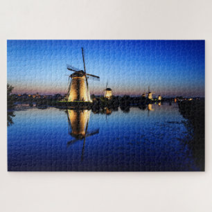 Windmills with water reflection at Blue Hour Jigsaw Puzzle