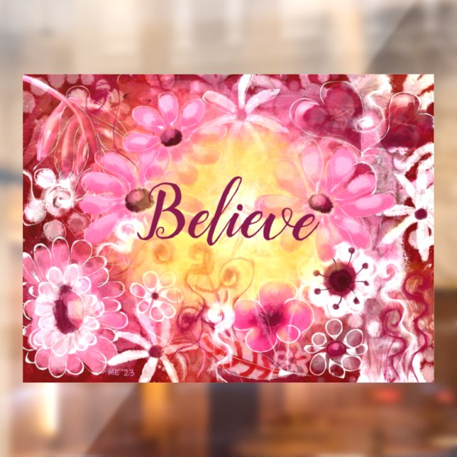 Window Cling Believe Whimsical Floral Pink Red (Sheet 2)